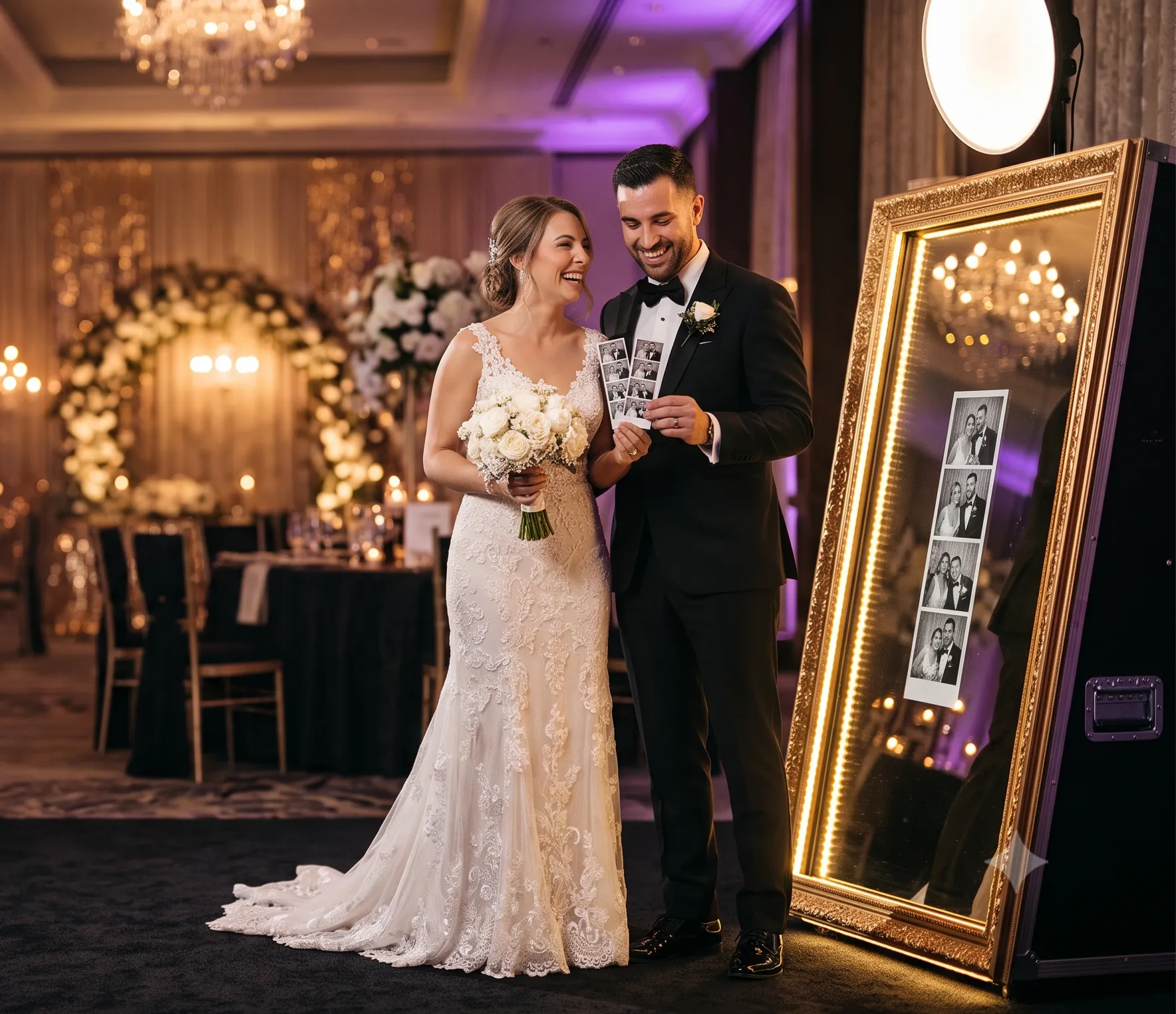 Pareja disfrutando la experiencia Magic Mirror de MIST Experiences en su boda