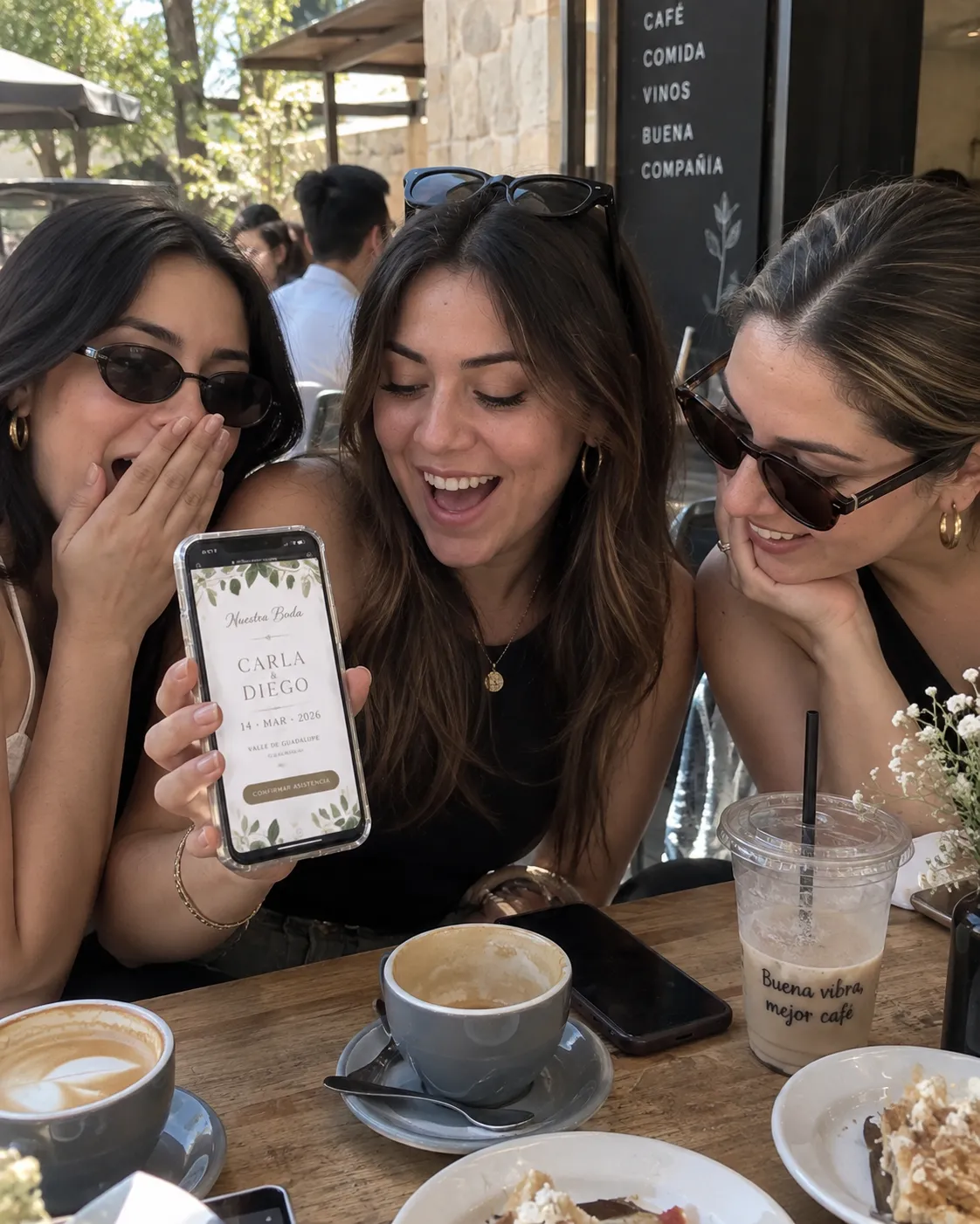 Amigas viendo una invitación de boda